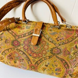 Vintage 1960s Meyers Mary Poppins Style Carpet Tapestry Bag with Leather Handles
